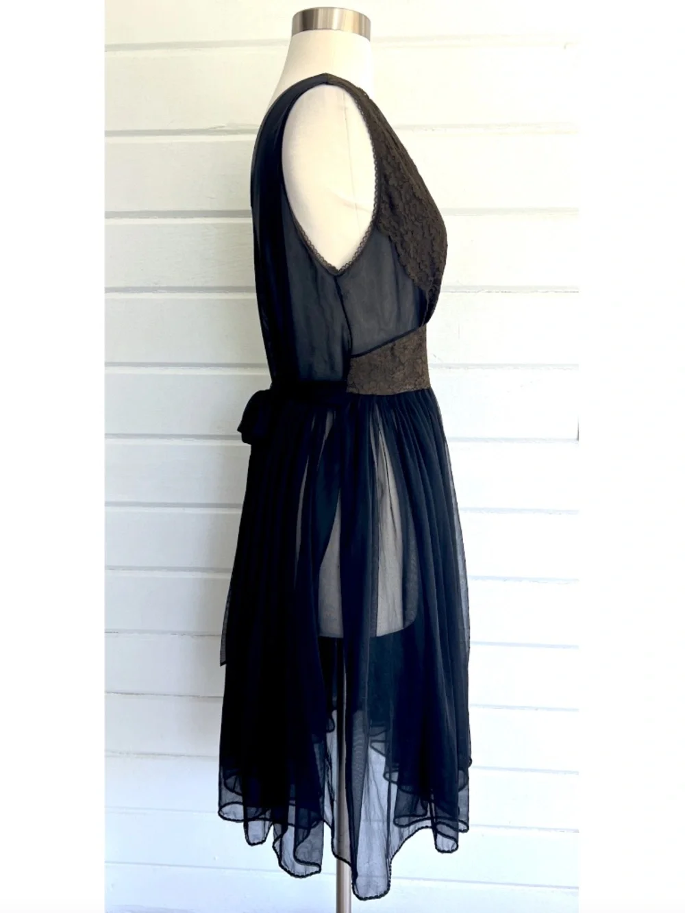Vintage Sheer Negligee/ Dress with Lace Accent and Tie Waist - Black/Brown - S